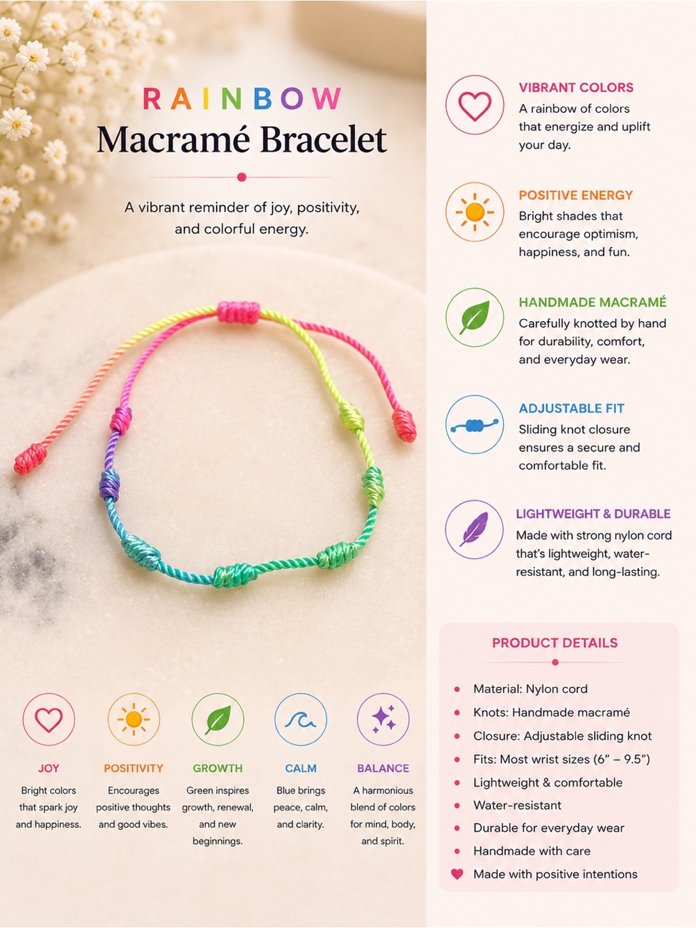 Rainbow Macramé Adjustable Kids Bracelet - Multicolor